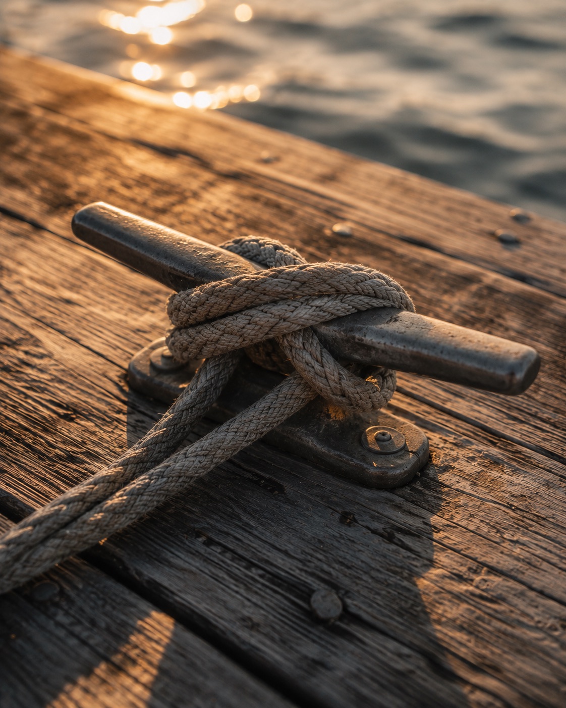 A cleat hitch tied off on a weathered dock