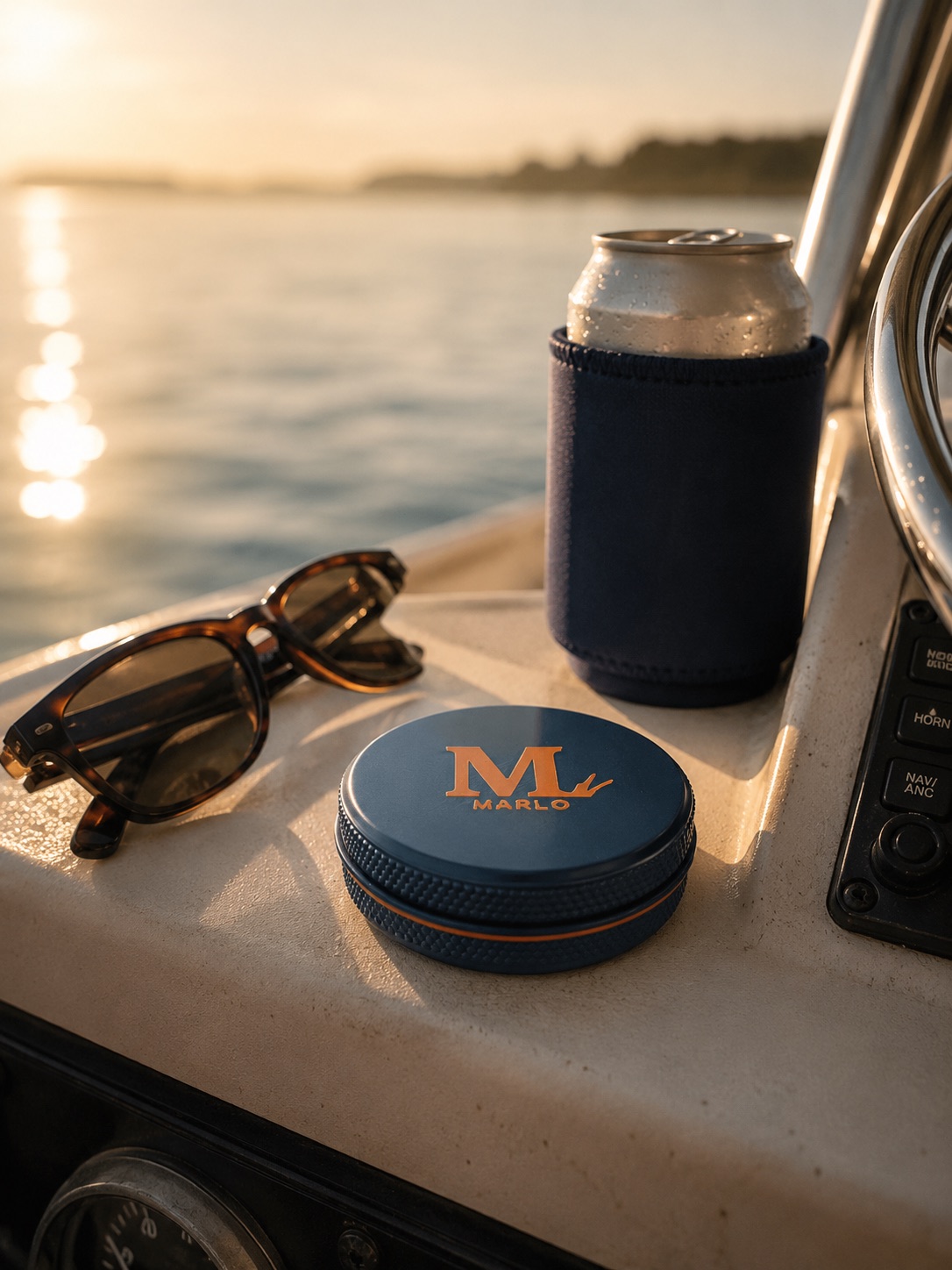 A MARLO tin on the gunwale beside sunglasses and a drink in a koozie