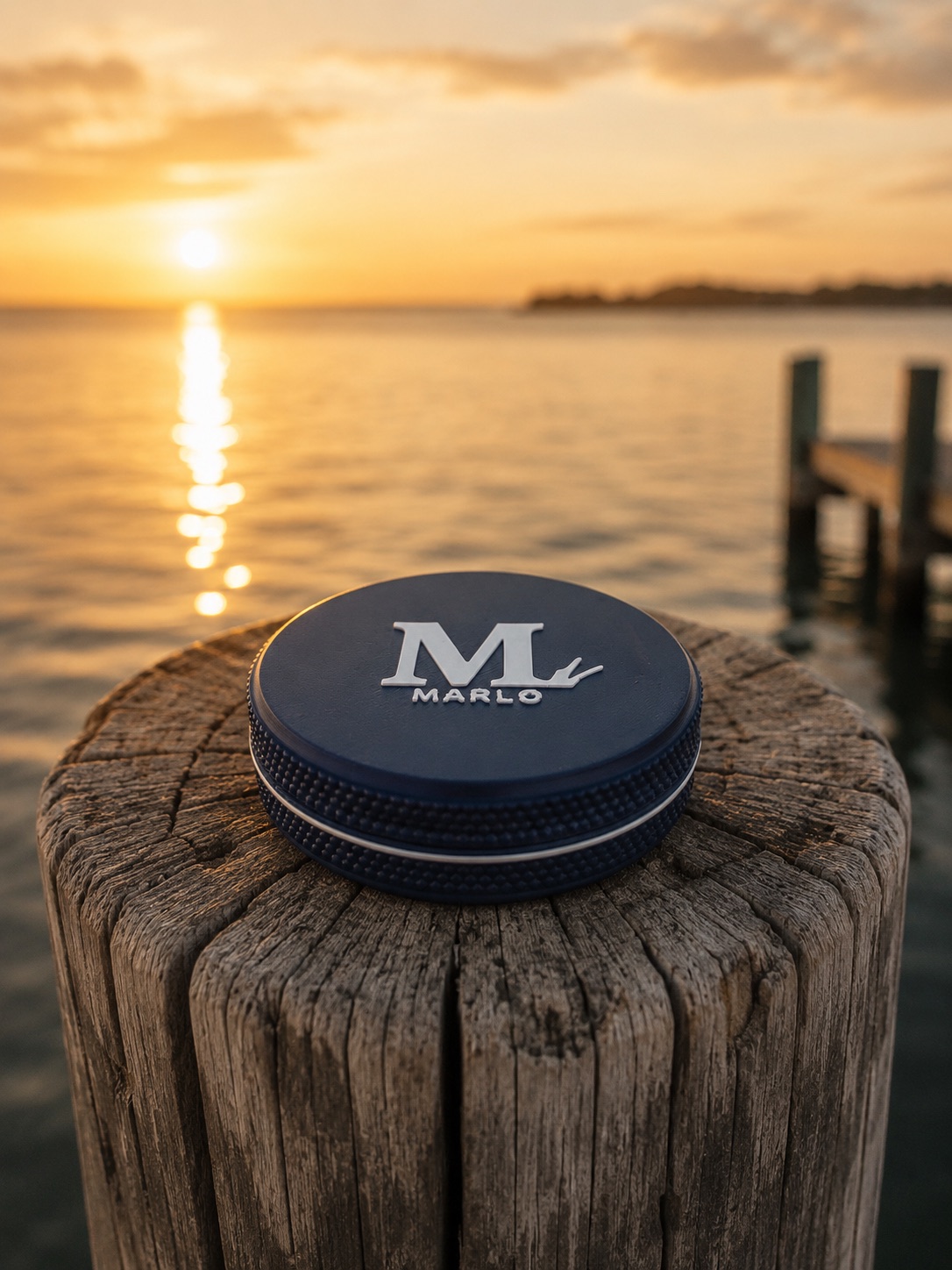 A MARLO tin on a piling over the water at sunset