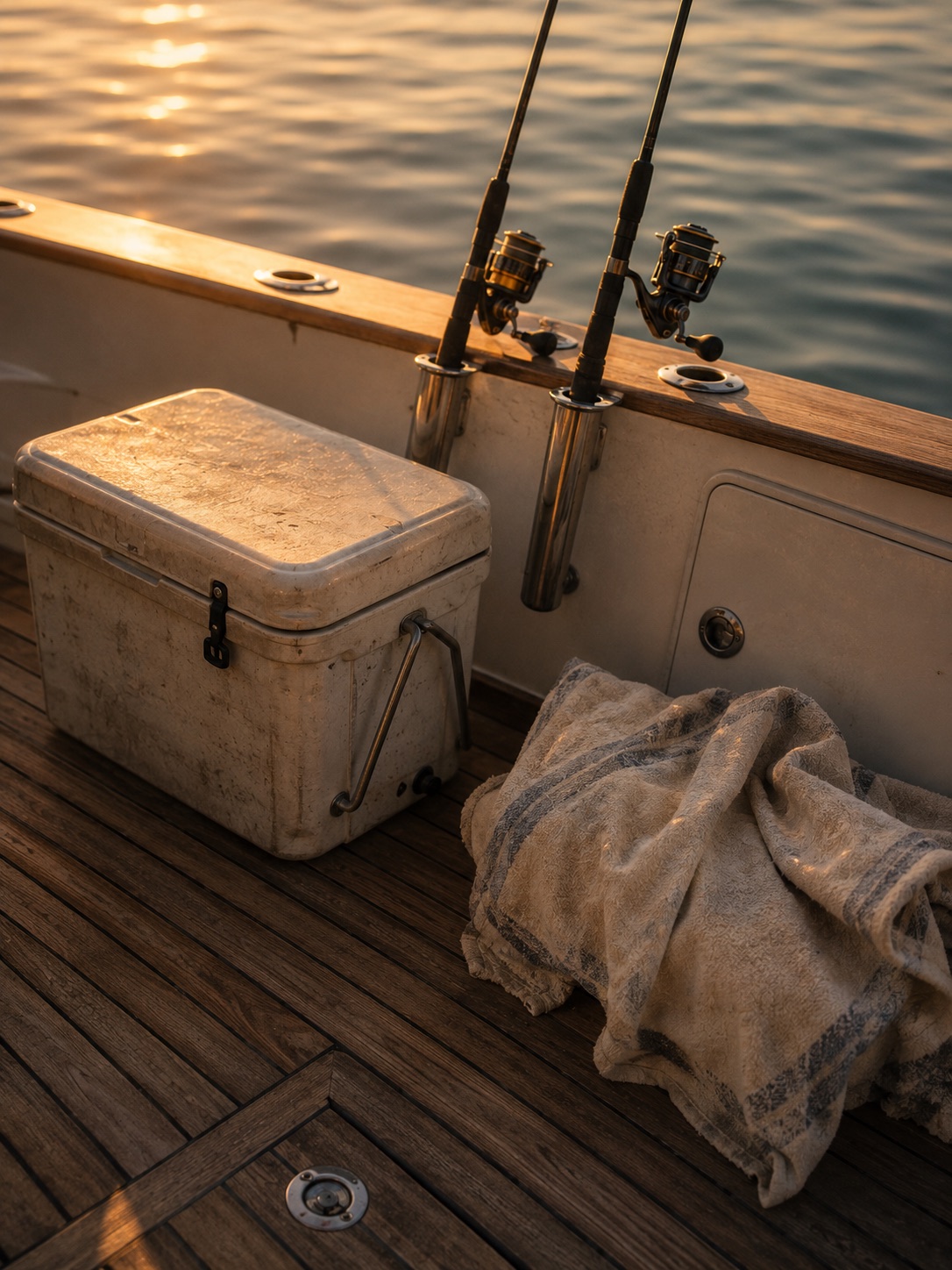 A cooler and fishing rods loaded on the back deck at golden hour