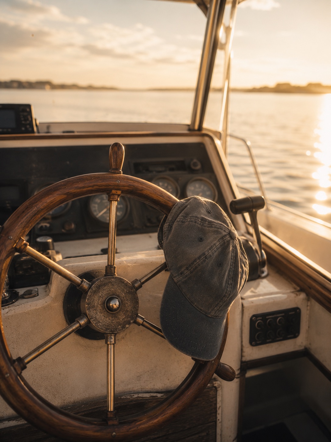 A boat helm at sunset with a worn ball cap resting on the wheel
