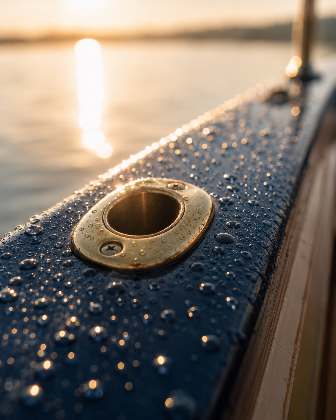 Water beading on a brass rod holder at golden hour