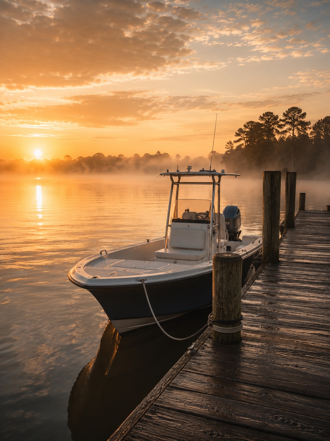 A center-console boat tied to a dock in the morning fog at sunrise