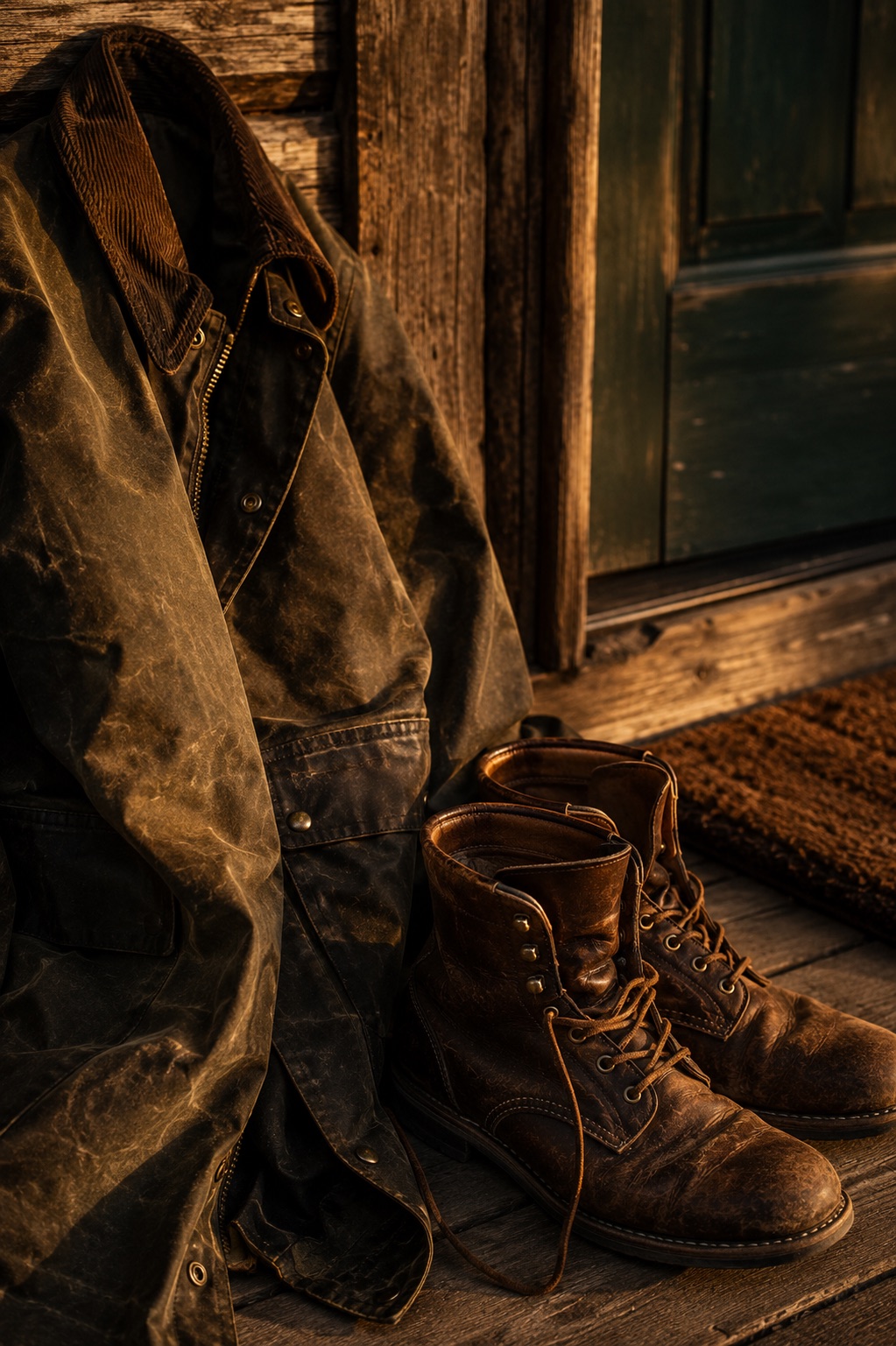 A waxed canvas jacket and worn leather boots by the cabin door