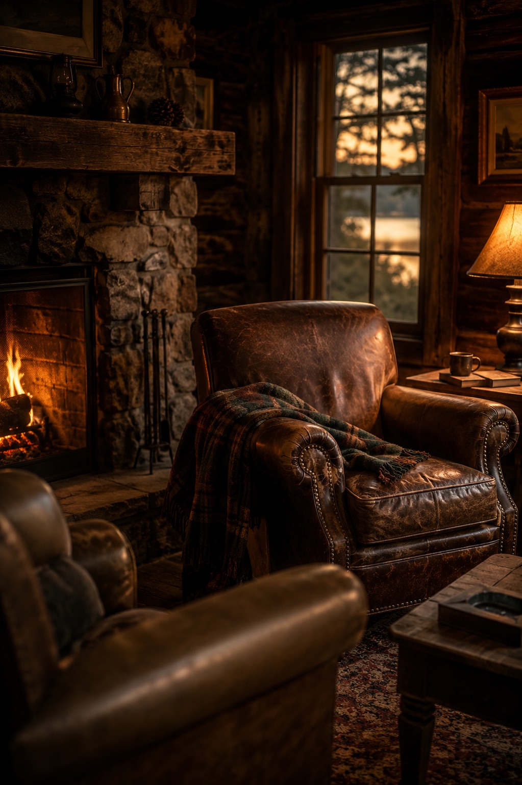 A cabin interior with leather chairs by a stone fireplace at dusk