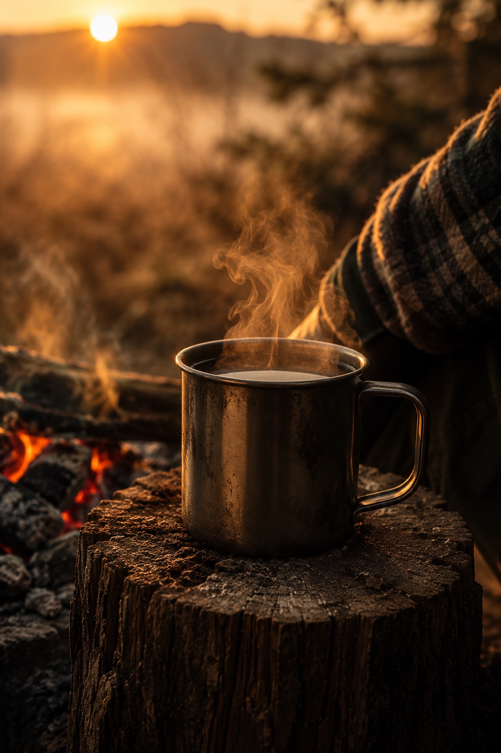 A steaming steel mug of coffee on a stump beside the campfire at dawn