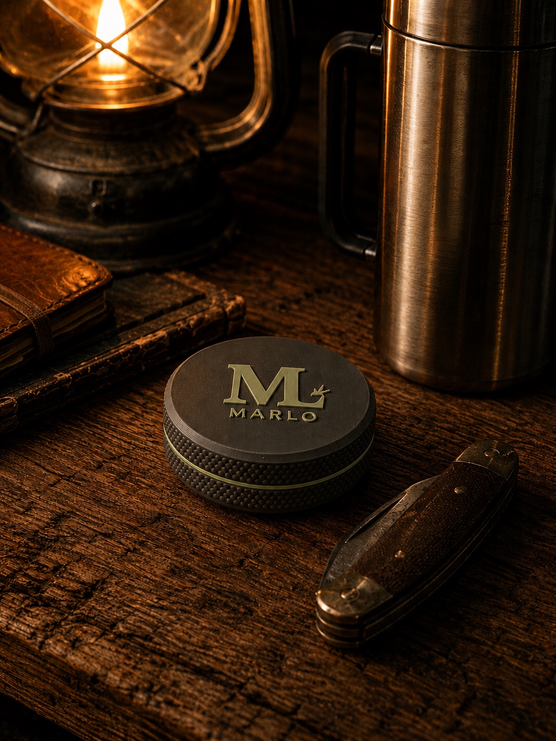 A MARLO tin on a cabin table beside a lantern, leather books, and a folding knife