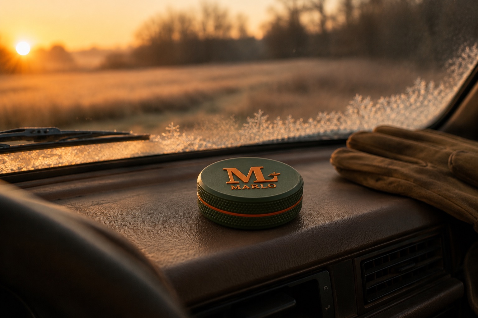 A MARLO tin on a truck dash at frosty sunrise