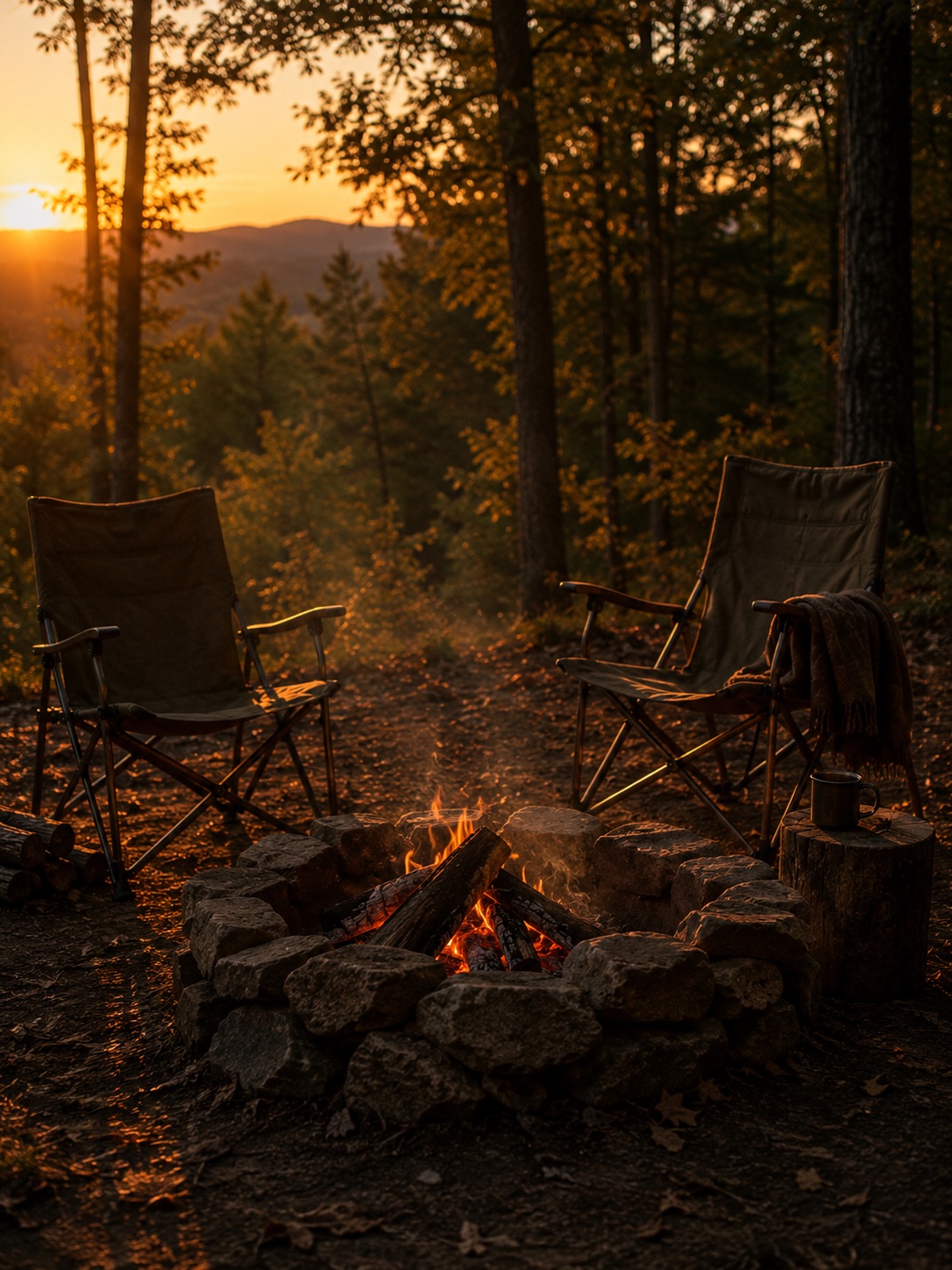 Two camp chairs around a stone fire pit at sunset in the woods
