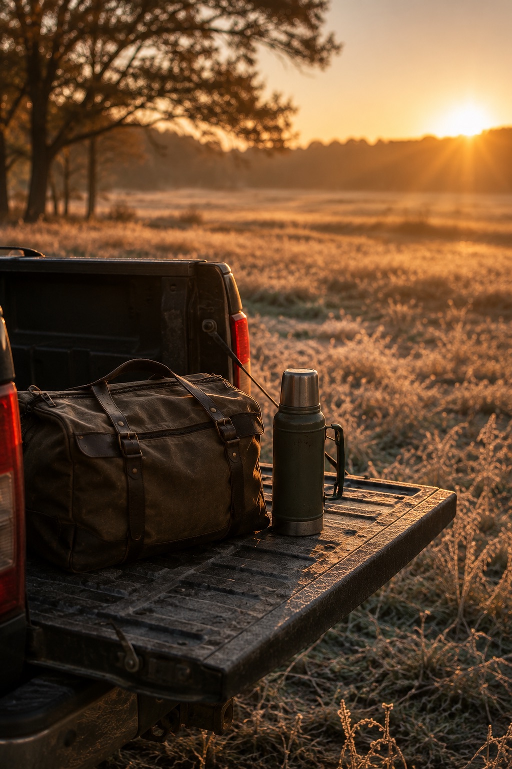 A truck tailgate with a canvas bag and thermos at frosty sunrise