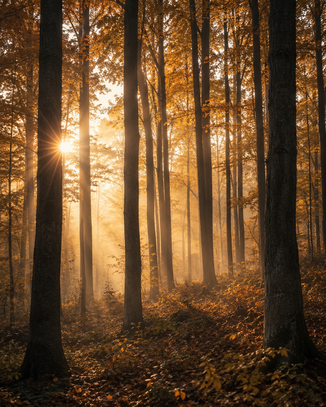Golden first light through an autumn forest