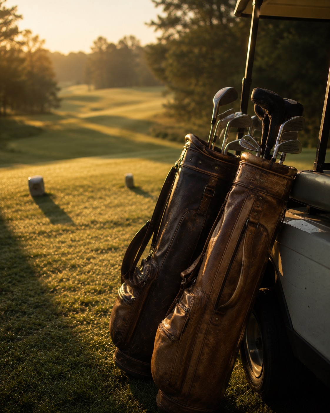 Two leather golf bags against a cart