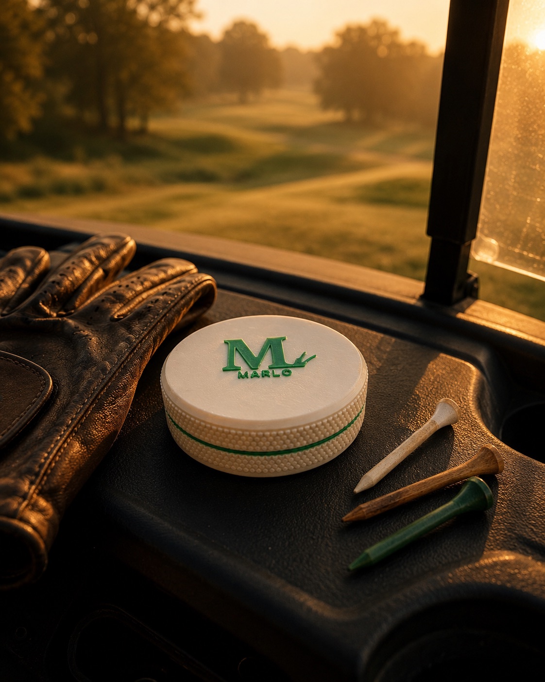 A MARLO tin riding on the golf cart