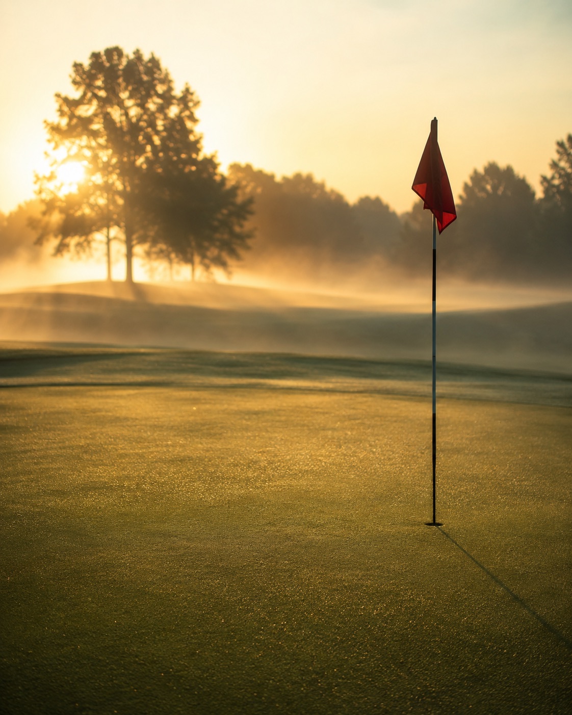 A flag on the green at sunrise