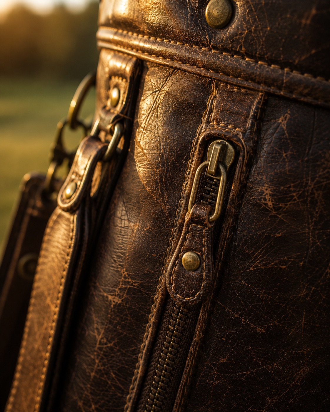Close-up of a worn leather golf bag