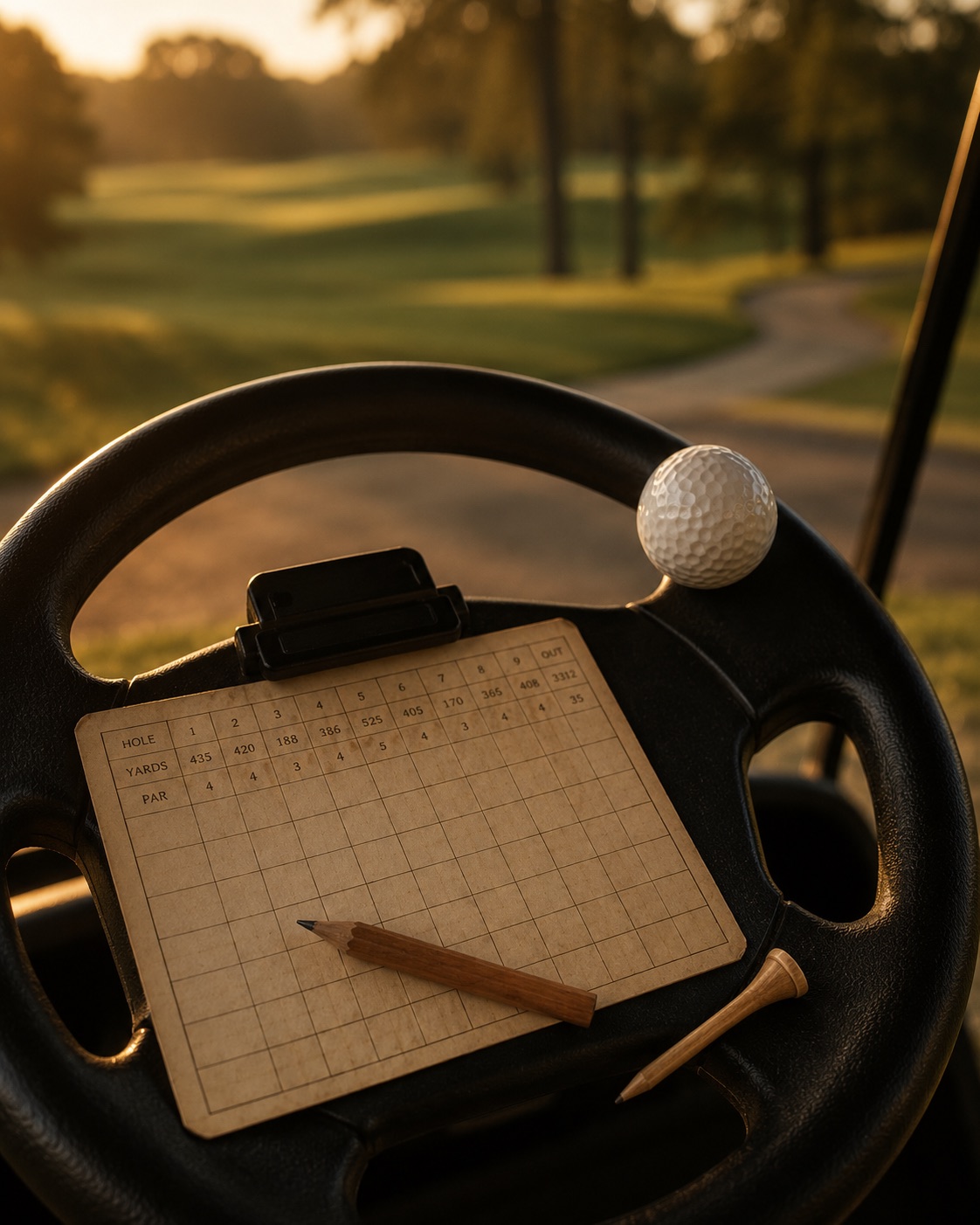 Scorecard, pencil and ball on the cart wheel