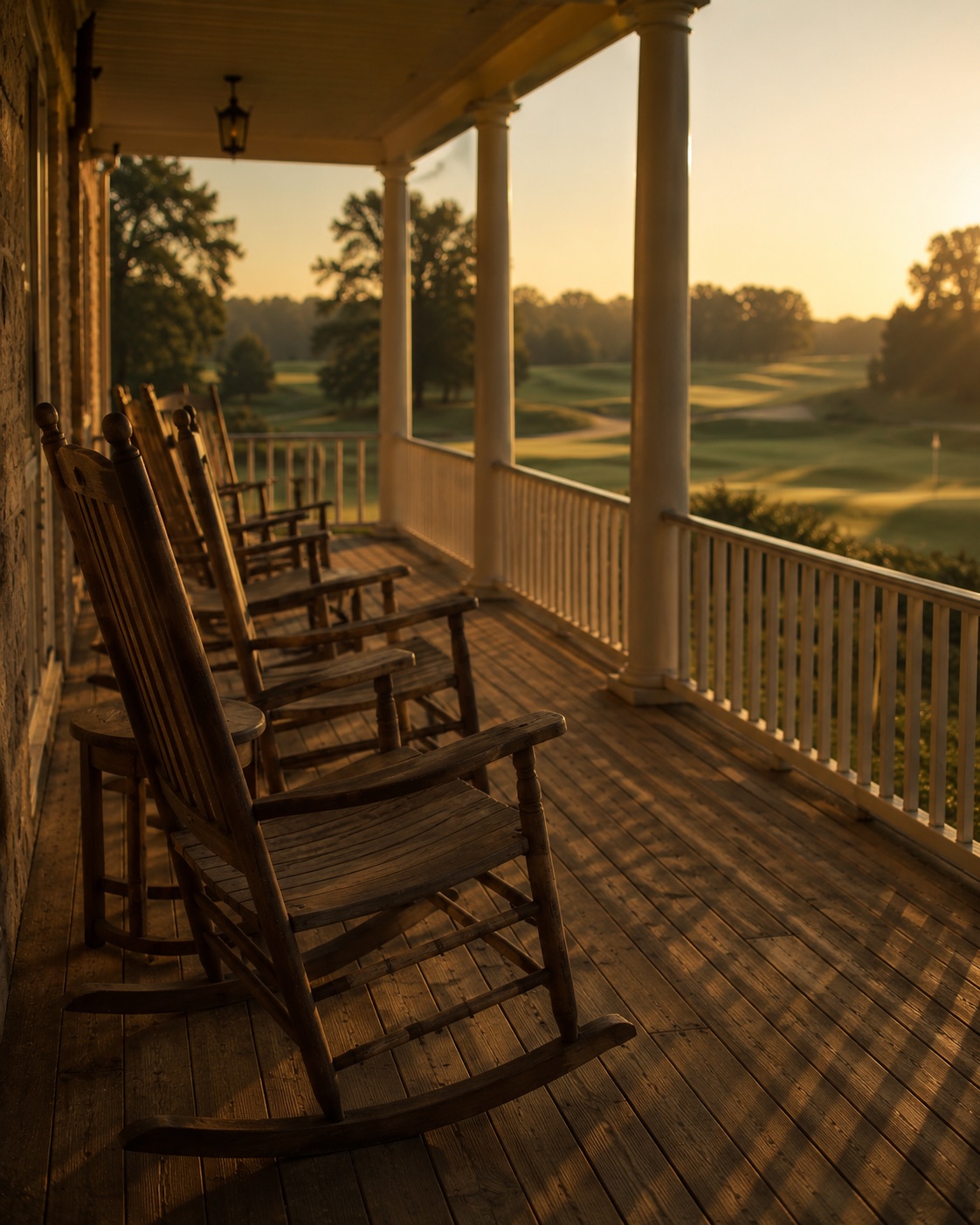 Rocking chairs on the clubhouse porch at golden hour