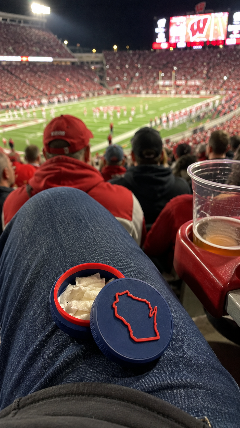 Custom state tin at a college football game