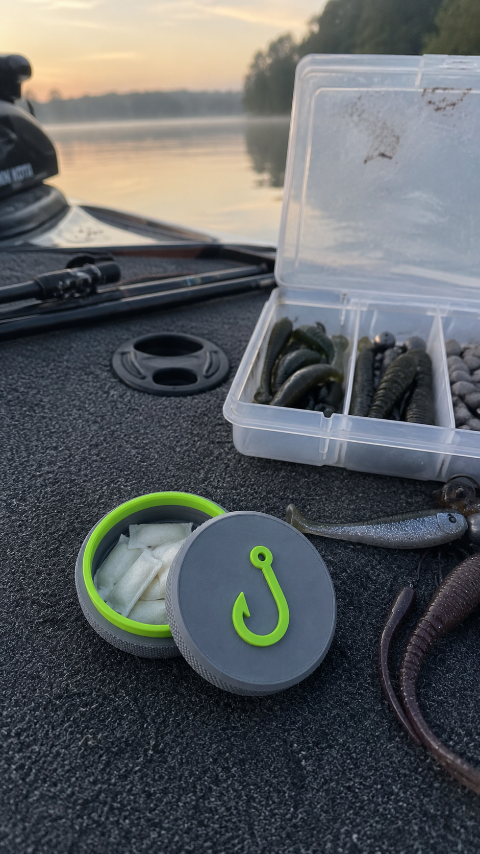 The Angler tin on a bass boat at sunrise
